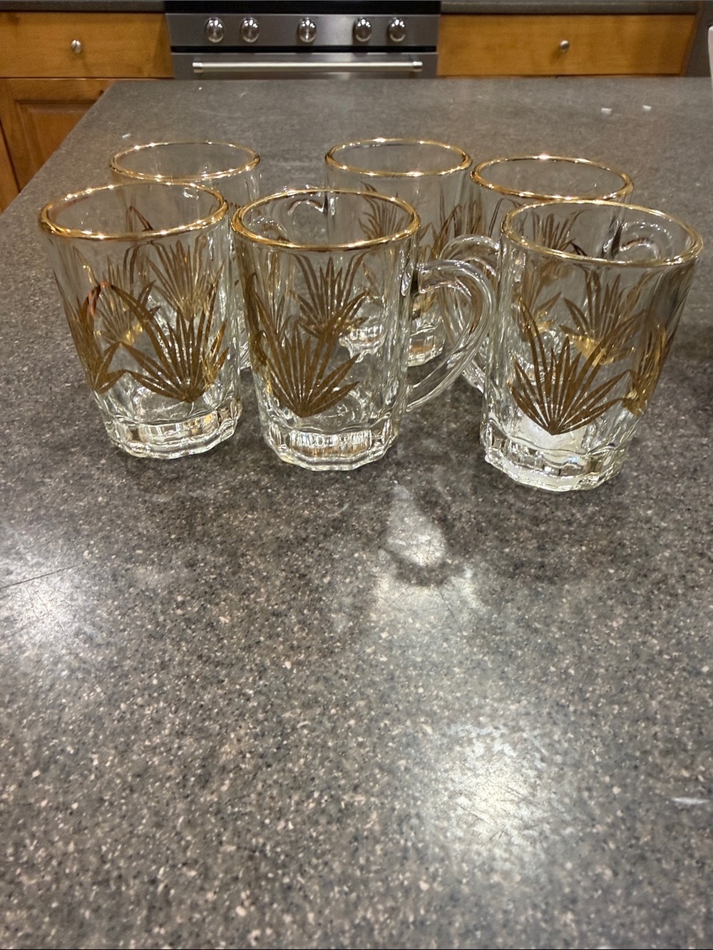 Gold-Trimmed Clear Glass shot glasses with handles- Set of 6. Vintage